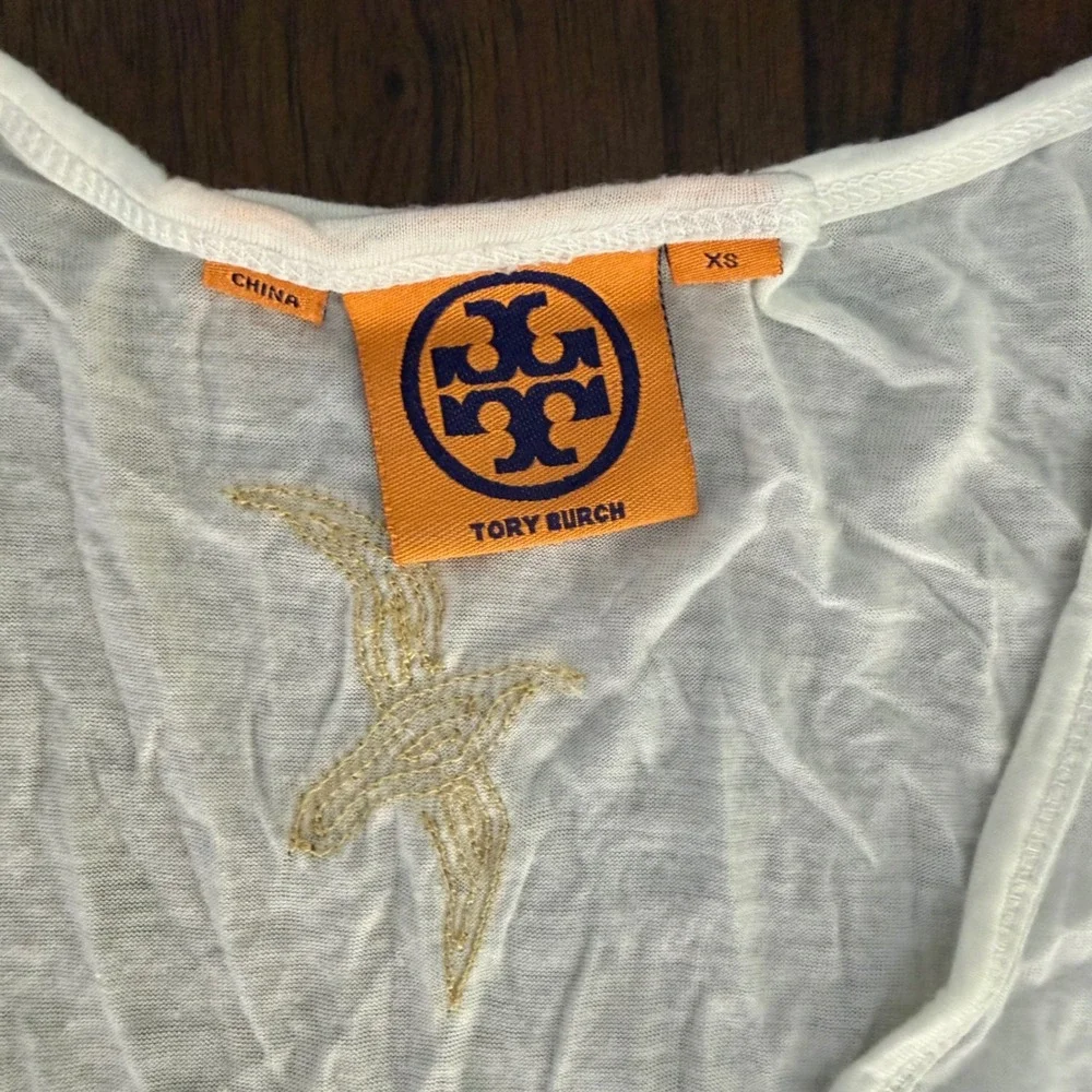 Tory Burch Ivory Modal Sequin Bird V-Neck T-Shirt XS Gold Nautical Coastal